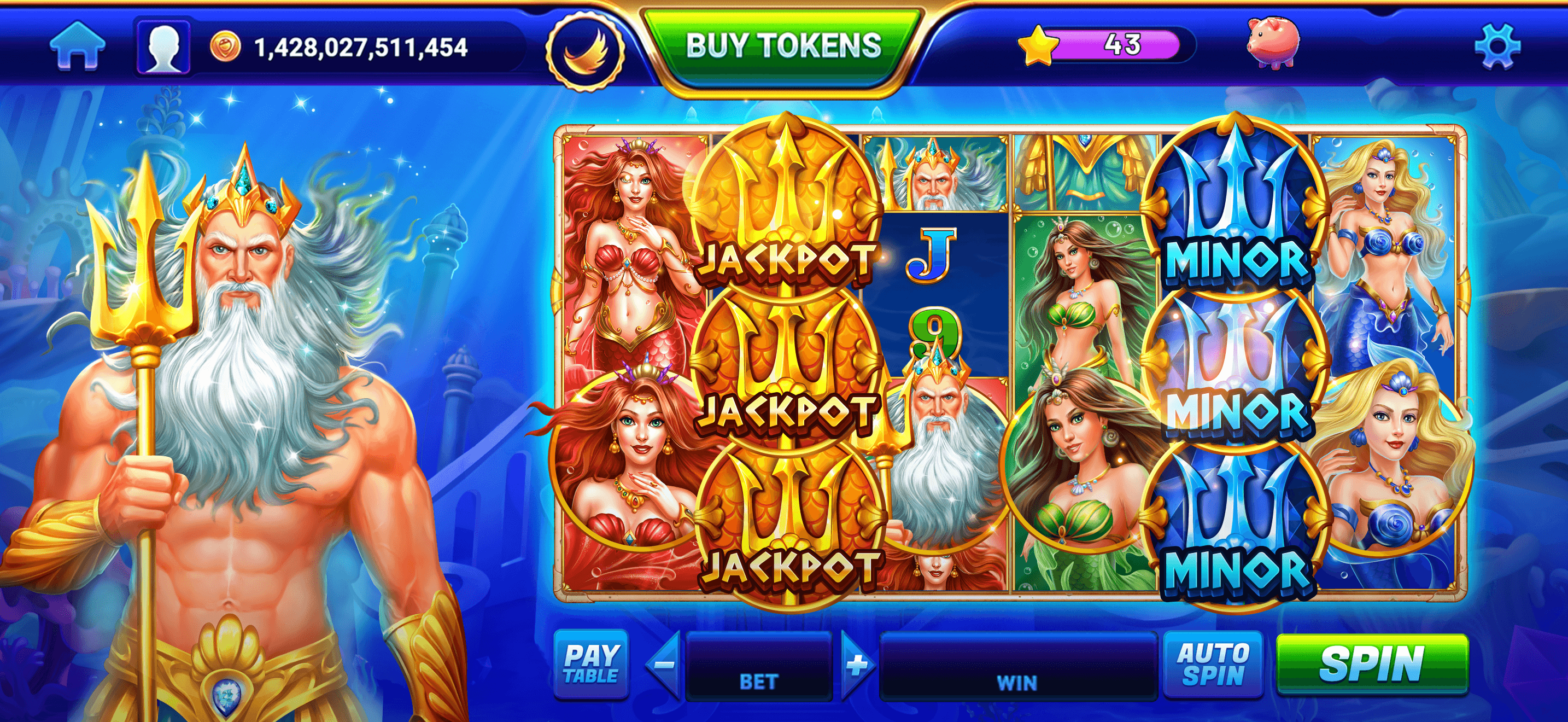 A Neptune-themed GSN Casino slot with Jackpot and Minor symbols held across the reels